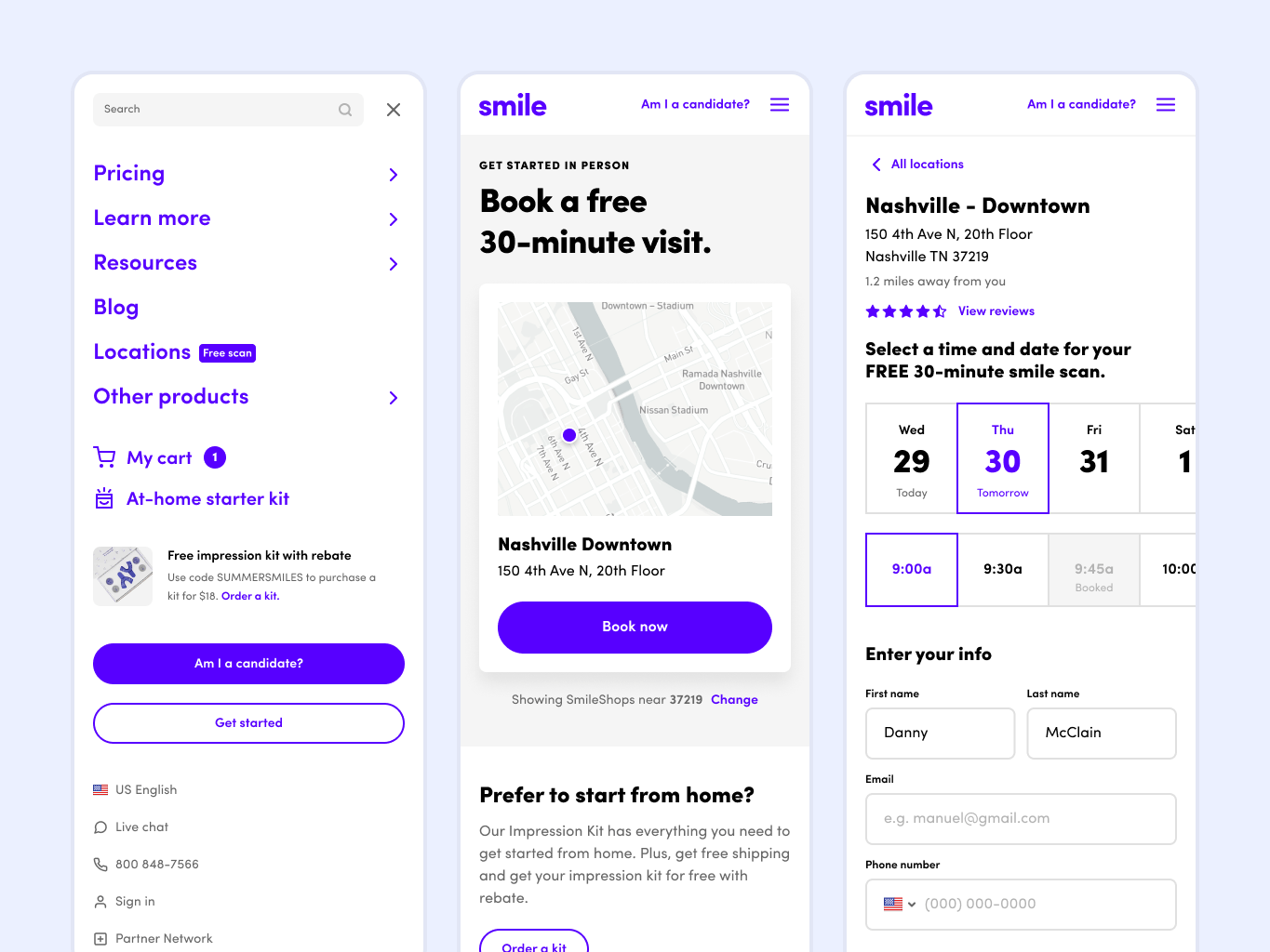 A few of the other projects I worked on: navigation, getting started, and booking a visit